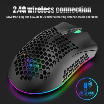 BM600 Wireless Gaming Mouse USB 2.4GHz Rechargeable RGB Wireless Mouse, Ergonomic Honeycomb Optical Mouse for PC, Laptop & Office