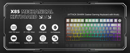 Teclado mecânico ATTACK SHARK X85 Tri-mode Gasket 75% com botão CNC, acolchoamento de 5 camadas, hot-swappable, retroiluminação RGB, NKRO