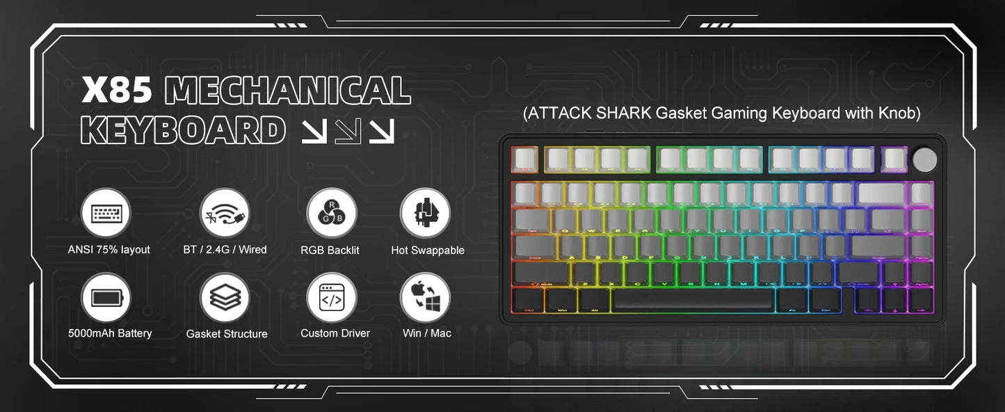 Teclado mecânico ATTACK SHARK X85 Tri-mode Gasket 75% com botão CNC, acolchoamento de 5 camadas, hot-swappable, retroiluminação RGB, NKRO