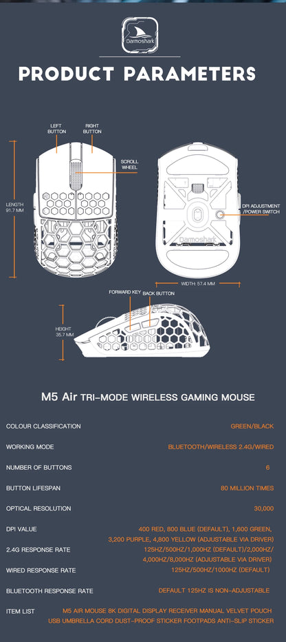 Darmoshark M5Air trådlös gamingmus i smidd kolfiber 8K PAW3950 30K DPI för små händer, fingertoppsgrepp, spelmakron, lättviktig