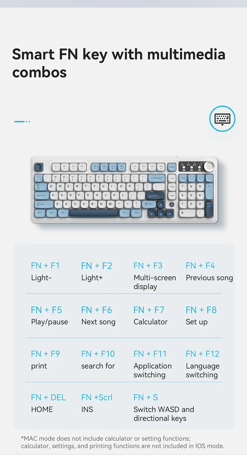 Teclado AJAZZ AF98 com/sem fios, sensação mecânica, para escritório, bateria de longa duração, três modos, iluminação mista RGB, teclas em ABS, ergonómico