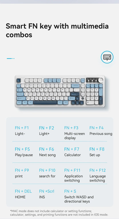 Teclado AJAZZ AF98 com/sem fios, sensação mecânica, para escritório, bateria de longa duração, três modos, iluminação mista RGB, teclas em ABS, ergonómico