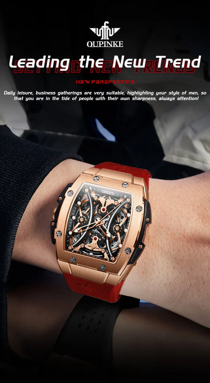 OUPINKE Men's Watches Classic Luxury Tonneau Dial Top Brand Original Automatic Mechanical Wristwatch Silicone Strap Sapphire New