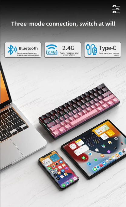 Wireless Gaming Mechanical Keyboard 60% RGB Bluetooth Keyboard, Triple Mode Wireless Mechanical Keyboard with 61 Keys, Compact RGB Gaming Keyboard for PC, Laptop & Tablet