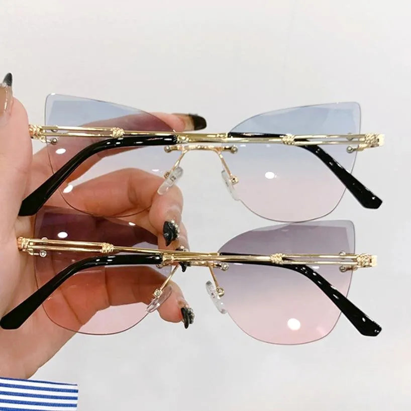 KLASSNUM Vintage Rimless Sunglasses Women Men Cat Eye Gradient Lens Sun Glasses UV400 Shades Protection Goggles for Party Xmas