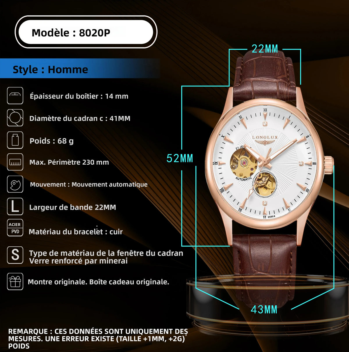 LONGLUX automatic watch elegant style wholesale mechanical wristwatches skeleton rome waterproof  mens watch men gift