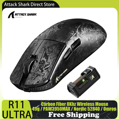 ATTACK SHARK R11 ULTRA trådlös gamingmus i kolfiber, 8000Hz, PAW3950MAX, 42000DPI, 49g lättvikt, 20000FPS, Nordic 52840
