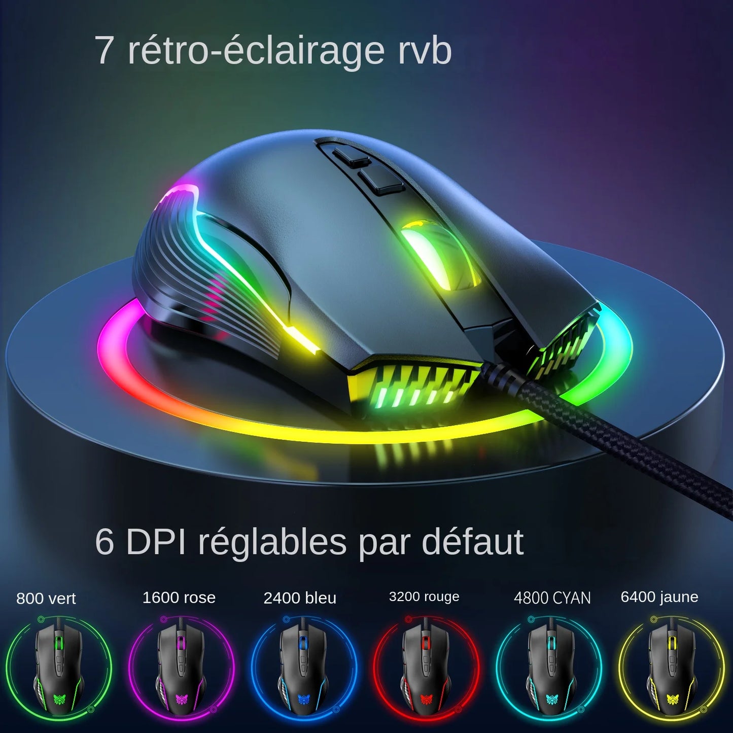 Mouse da gaming cablato ONIKUMA, 6 livelli regolabili, 6400 DPI, 7 pulsanti programmabili, 7 modalità di illuminazione RGB, design ergonomico per gamer PC
