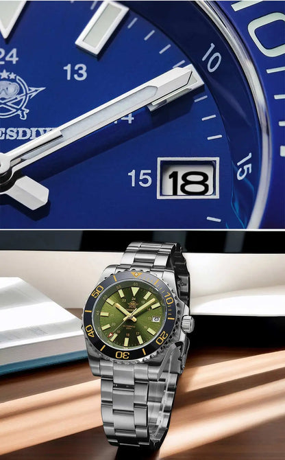 ADDIESDIVE Men's Diver's Watch 200m Sapphire Luminous Ceramic Bezel Men's Analog Mechanical Watch Stainless Steel Diving Watches