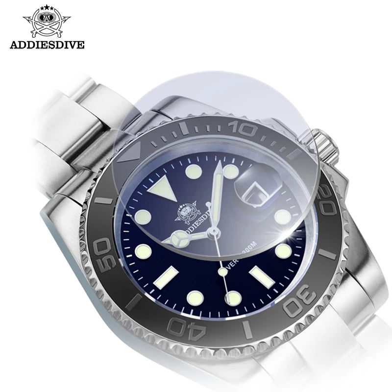 ADDIESDIVE Men's Quartz Watch 200m Waterproof Ceramic Bezel Steel Watch Magnifying Mirror Glass BGW9 Blue Luminous Diving Watch