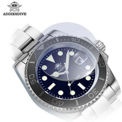 ADDIESDIVE Men's Quartz Watch 200m Waterproof Ceramic Bezel Steel Watch Magnifying Mirror Glass BGW9 Blue Luminous Diving Watch