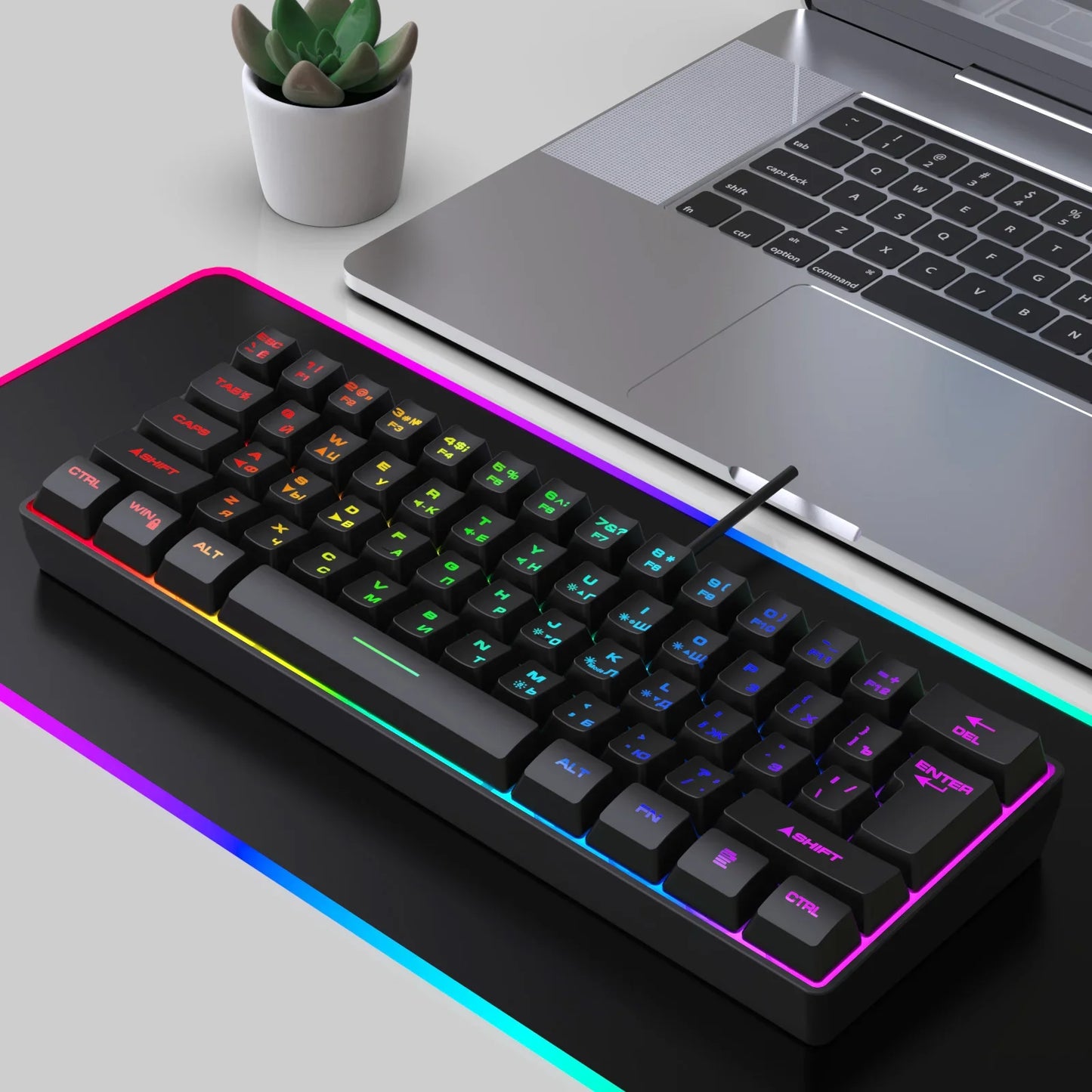 Teclado Gaming, Teclado Ultra-Compacto de 61 Teclas Russo/Inglês com Retroiluminação RGB, Teclado de Escritório Gaming Impermeável com Sensação Mecânica