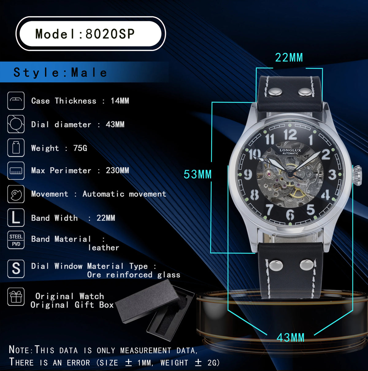 LONGLUX men automatic watch vintage pilot tough guy mechanical watches skeleton waterproof luminous leather gift