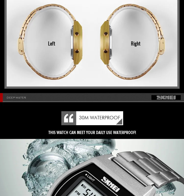 Skmei Unisex Digital Sport's Watches Stainless Steel Strap Led Waterproof 12/24 Hour Format Electronic Alarm Clock