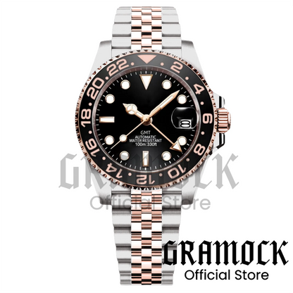 Gramock Rose Gold 40MM GMT NH34A Mechanical Watches Date Sapphire Crystal 100M Diving Rotating Bezel Men's Automatic Wristwatch