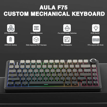 Teclado mecânico gaming AULA F75 RGB personalizado, layout 75%, gravação lateral, montagem gasket, 80 teclas, keycaps PBT em gradiente