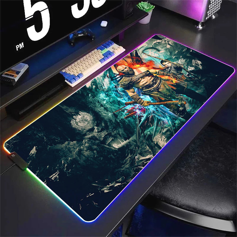 God Of War Large Kratos Atreus Mouse Pad RGB Glowing E-Sports Gamer Keyboard Rug with Extensible Phantom Color Carpet 500x1000