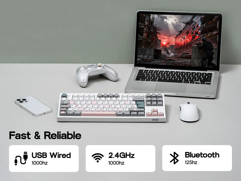 Teclado mecânico EPOMAKER TH87 TKL com layout ISO-UK, ligação com fio/BT/2.4Ghz sem fios, NKRO, bateria de 10000mAh e iluminação RGB