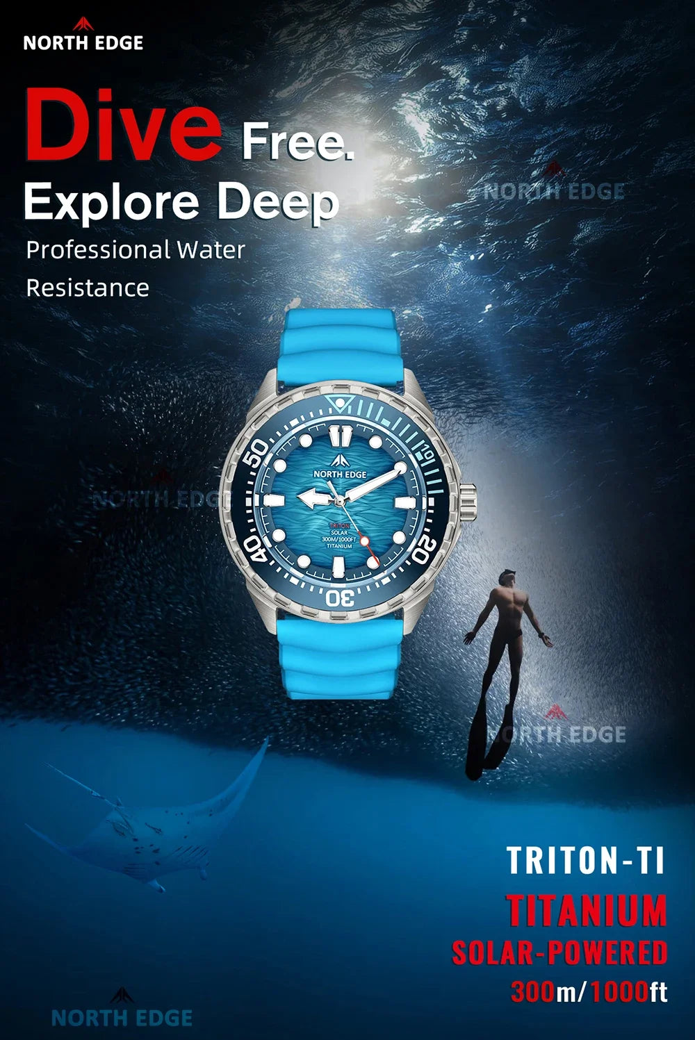 NORTH EDGE 2025 NEW+ TRITON-TI Titanium Solar-Powered Diving Watch Luxury Quartz Watches for Men 300M Waterproof 180+ Day Power