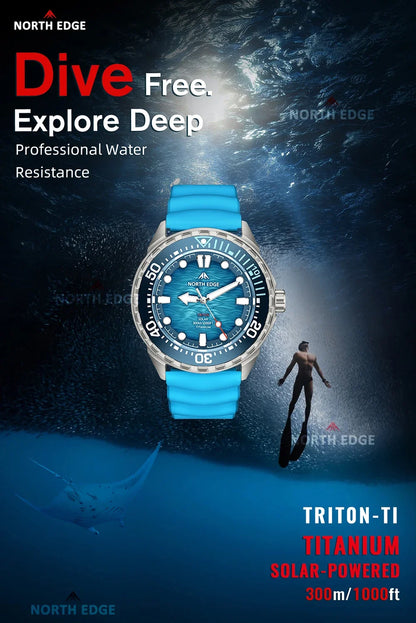 NORTH EDGE 2025 NEW+ TRITON-TI Titanium Solar-Powered Diving Watch Luxury Quartz Watches for Men 300M Waterproof 180+ Day Power