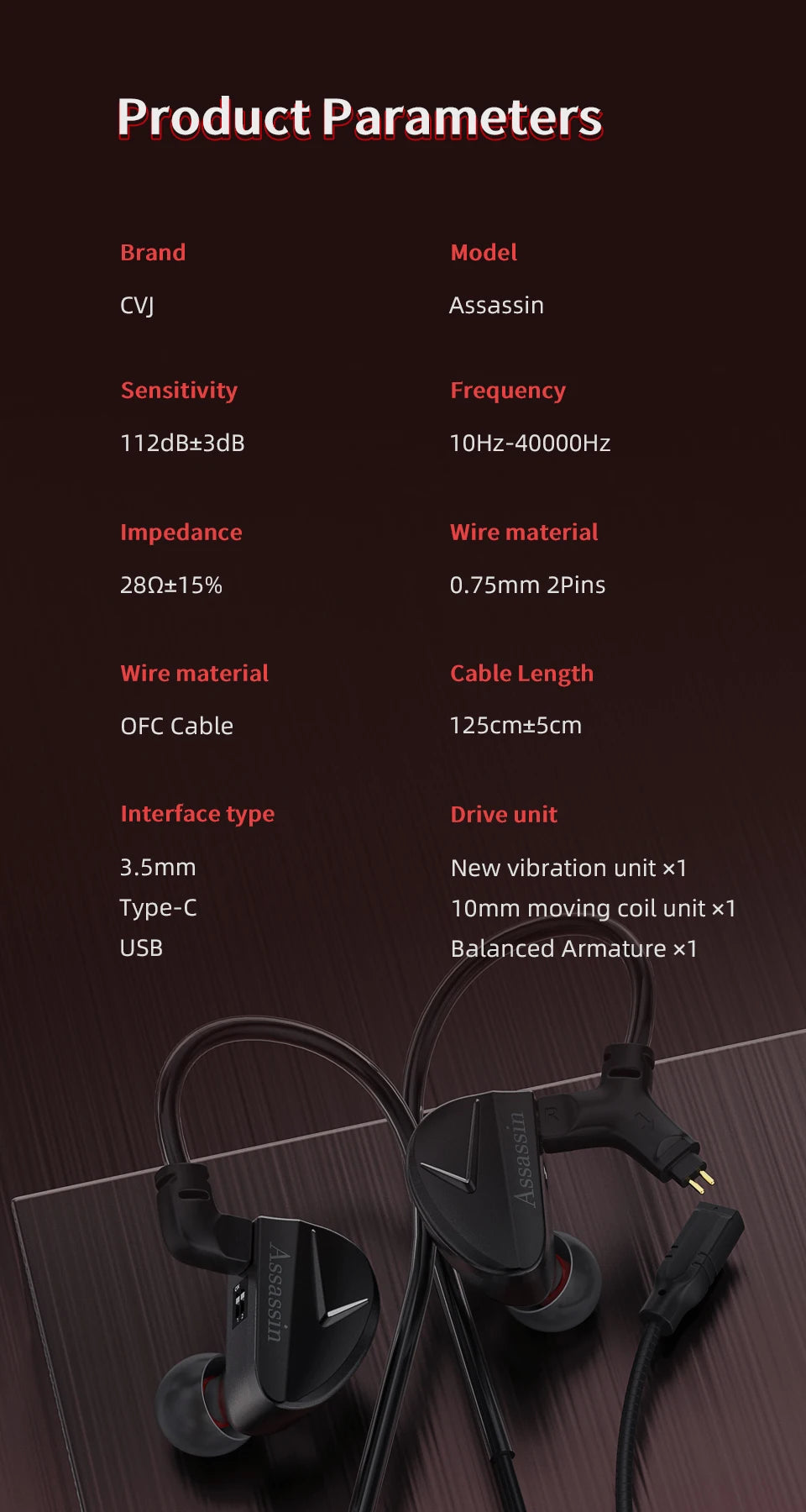 CVJ Assassin Hybrid Gaming Earphones 1DD+1BA Vibration Driver Wired HiFi Headphones with Mic, Type-C & 3.5mm In-Ear Gaming Earphones for E-Sports
