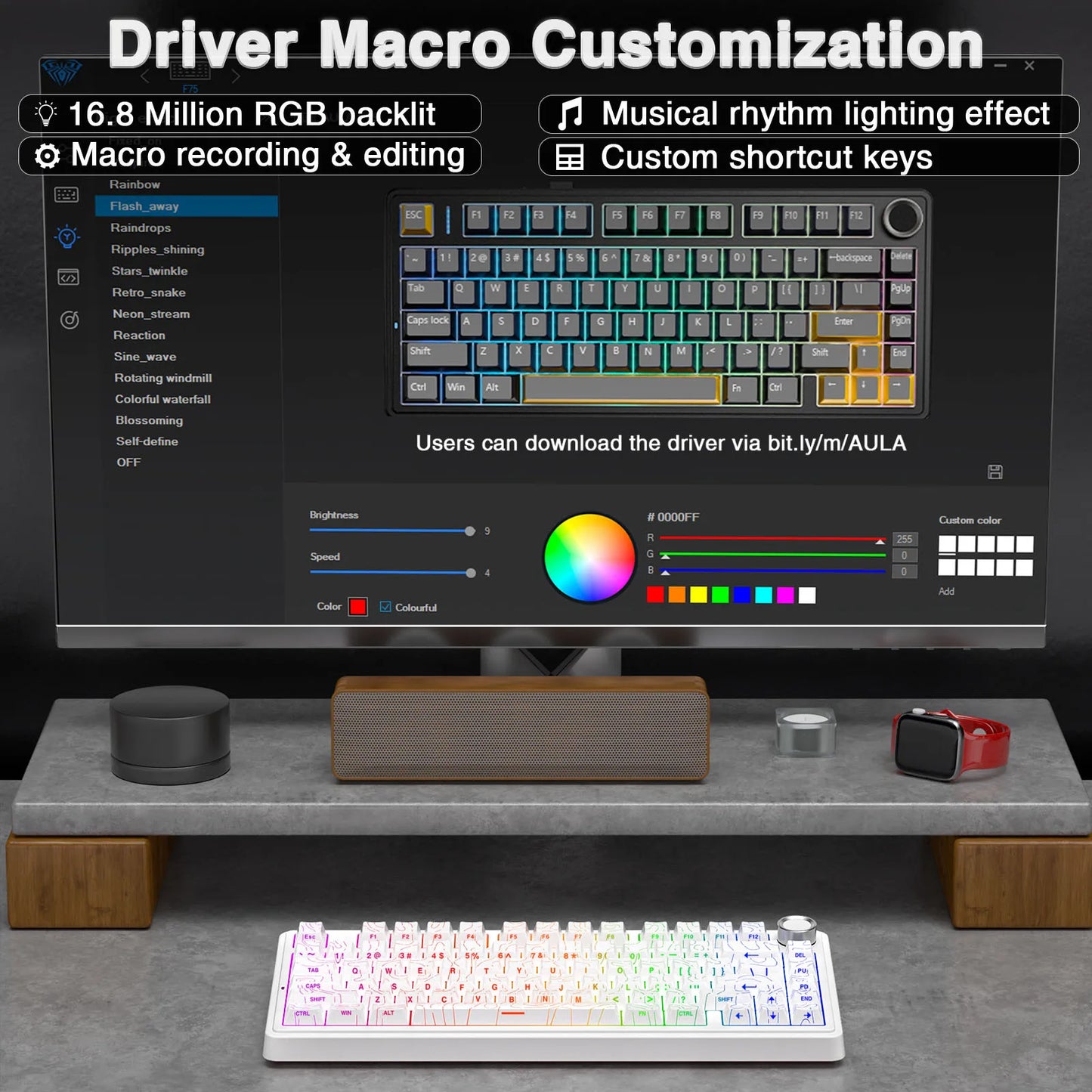 Teclado Mecânico Gaming Sem Fios AULA F75 Pro com Montagem Gasket, RGB Personalizado, Layout 75% e Teclas PBT com Gravação Lateral