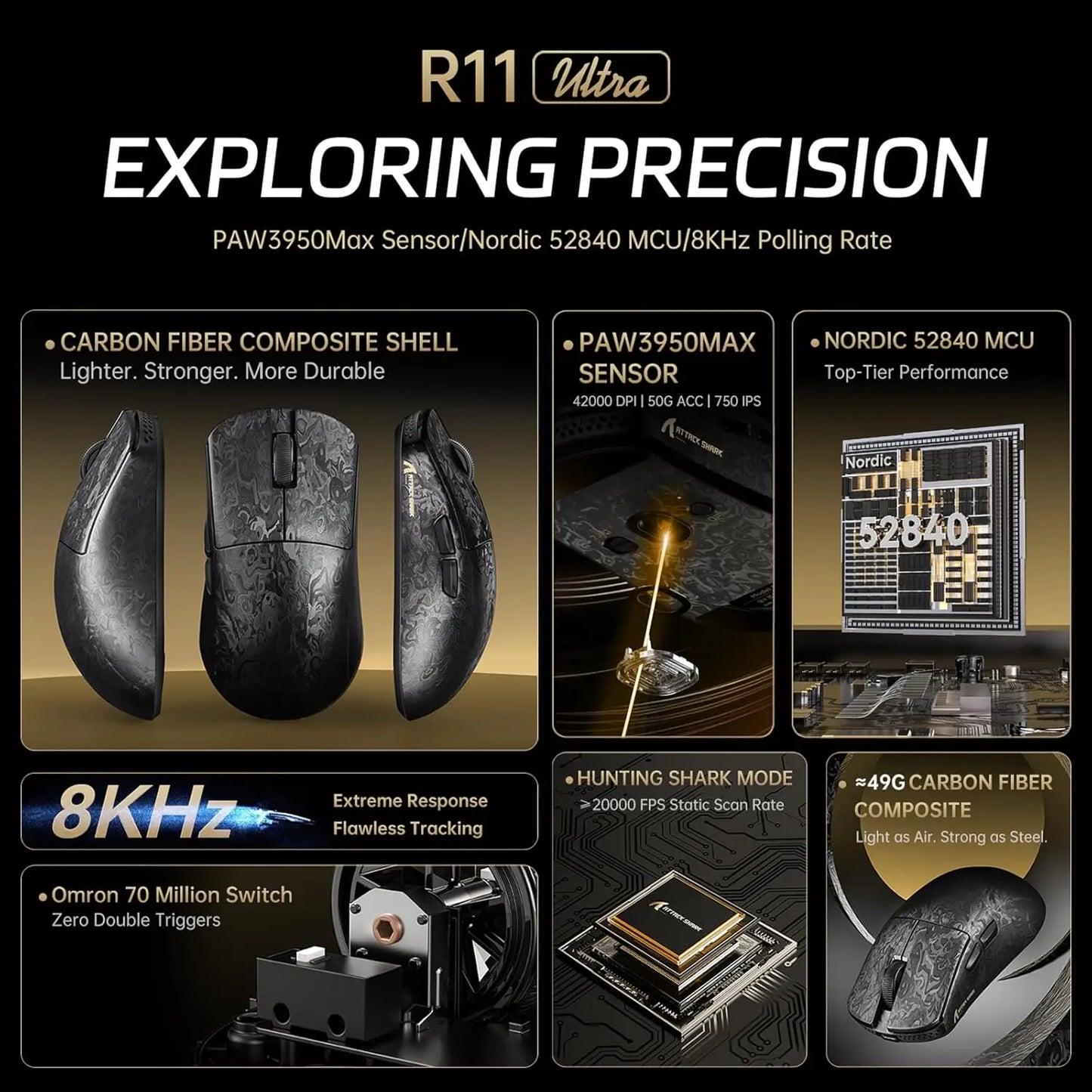 ATTACK SHARK R11 ULTRA 49g od karbonskih vlakana 8000Hz bežični gaming miš, 42000 DPI, 20000 FPS, PAW3950MAX, Nordic 52840 čip