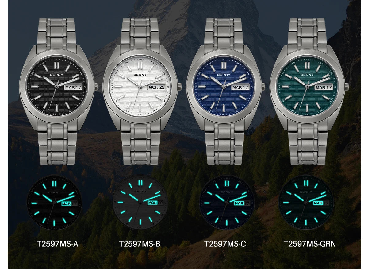 BERNY Full Titanium Men Watch Date Week Quartz Watches Calendar Sapphire Super Luminous 100M Waterproof Lightweight Wristwatch