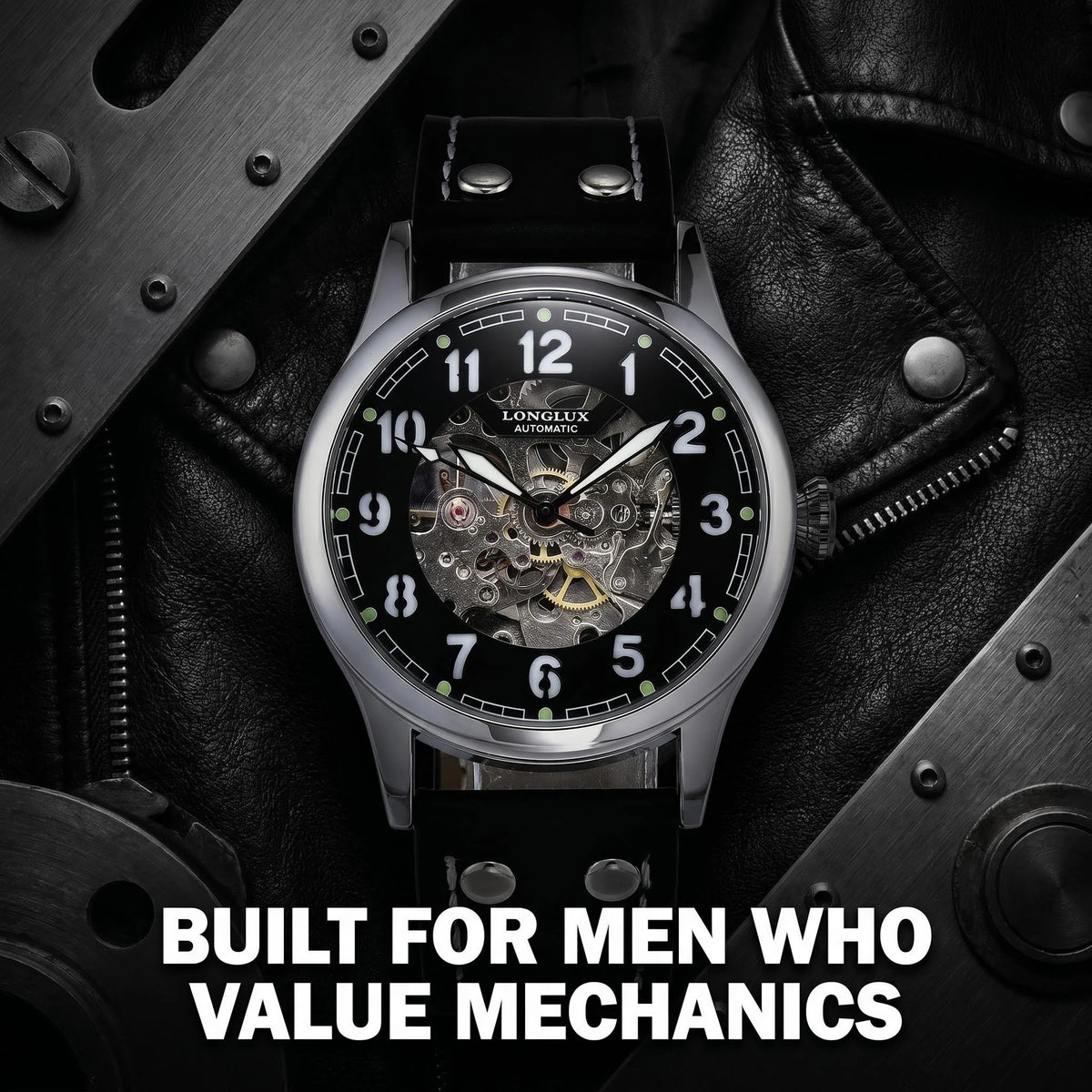 LONGLUX men automatic watch vintage pilot tough guy mechanical watches skeleton waterproof luminous leather gift