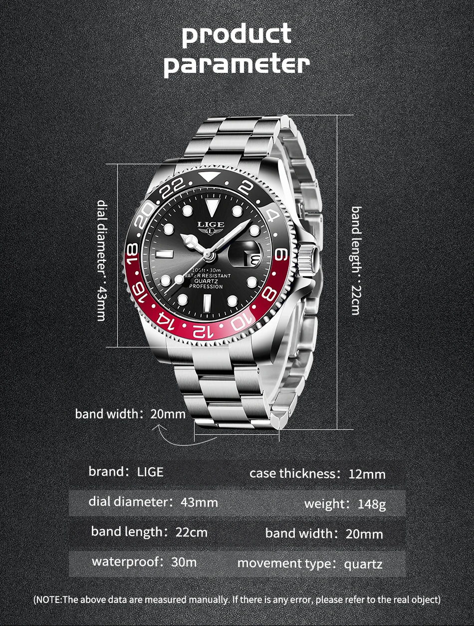 LIGE Fashion Business Watch Men 3ATM Waterproof Luminous Wristwatch Men Clock Top Brand Luxury Sports Quartz Diving Chronograph