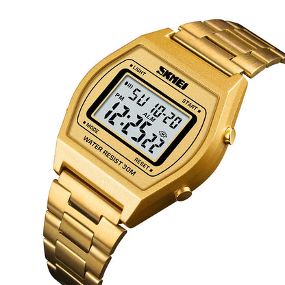 Skmei Unisex Digital Sport's Watches Stainless Steel Strap Led Waterproof 12/24 Hour Format Electronic Alarm Clock