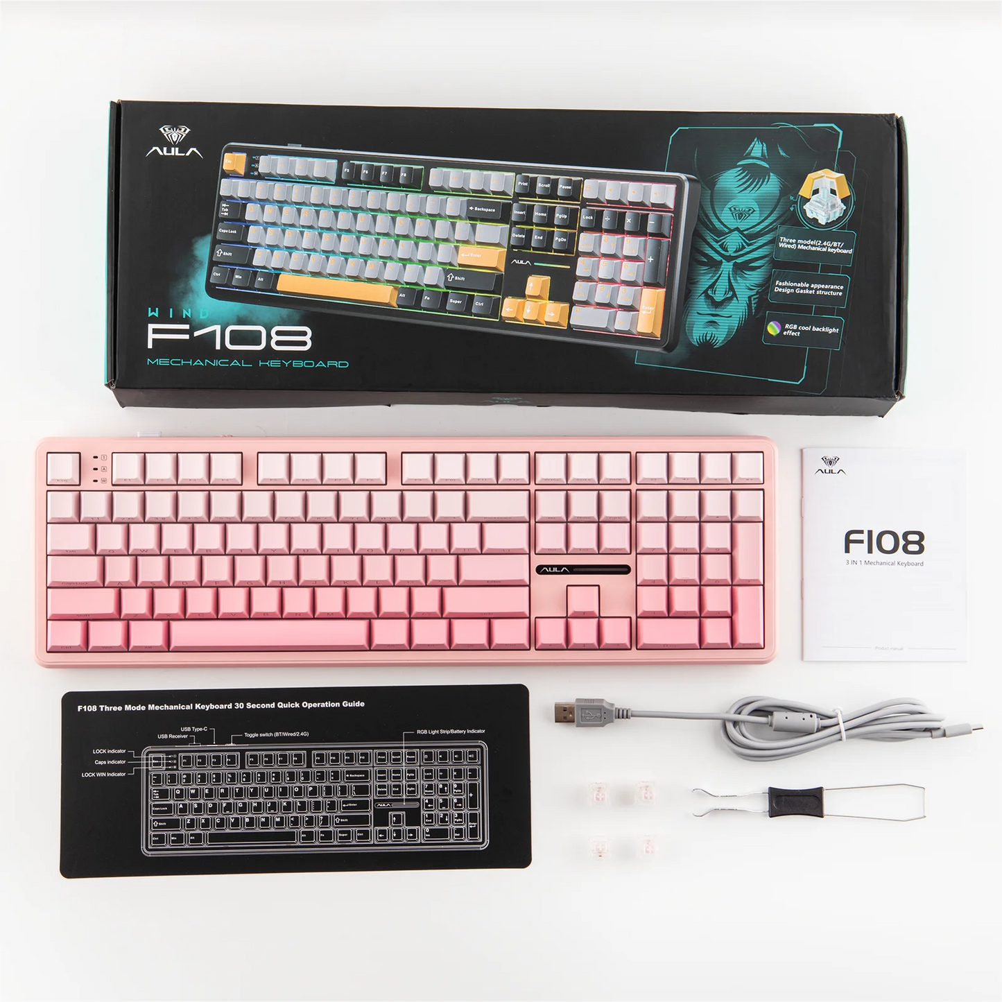 EPOMAKER x AULA F108 Full Size 100% ANSI Layout Hot-Swap Wired/2.4GHz/Bluetooth 5.0 Wireless Mechanical Keyboard RGB Backlight