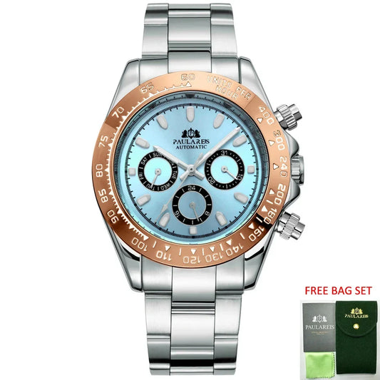 Automatic Watches for Men Mechanical Self Weind Gold Stainless Steel Glacier Ice Blue Chestnut Brown Bezel Reloj Hombre Baratos