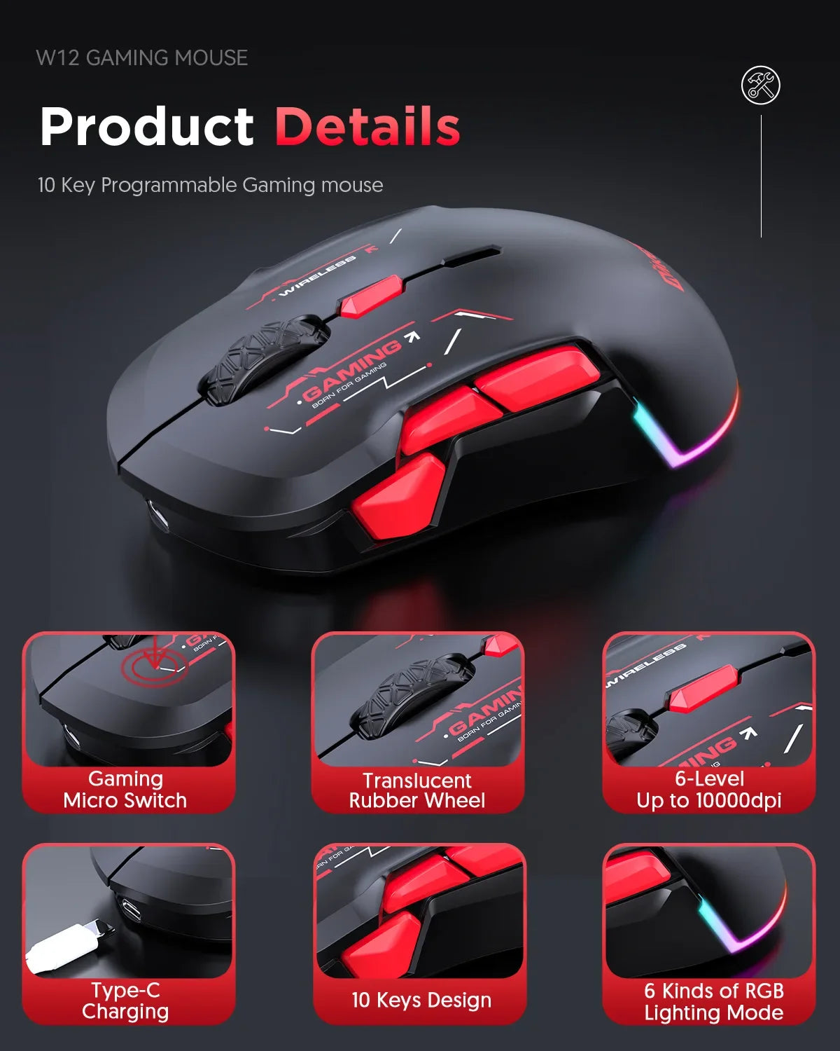 Mouse gaming macro MKESPN W12 a 10 pulsanti, ambidestro, wireless Bluetooth multi-canale tri-mode, grande RGB ergonomico