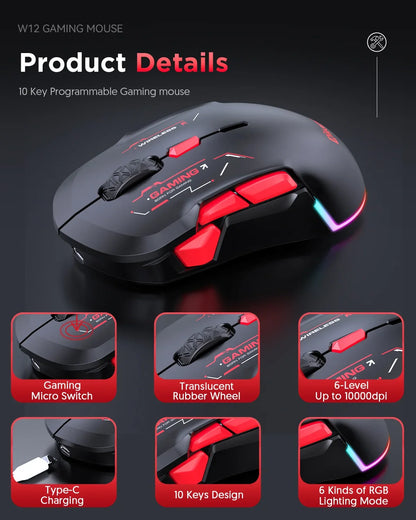 Mouse gaming macro MKESPN W12 a 10 pulsanti, ambidestro, wireless Bluetooth multi-canale tri-mode, grande RGB ergonomico