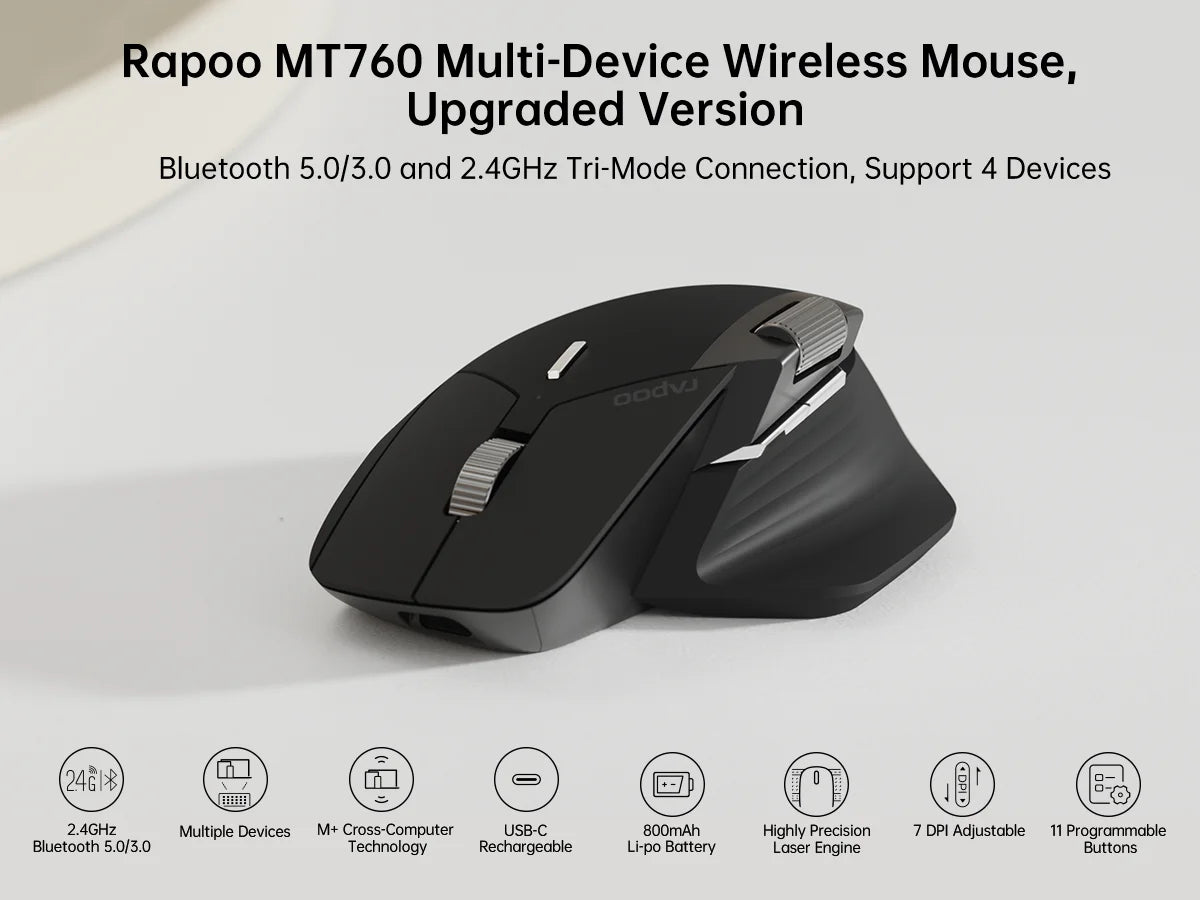 Rapoo MT760 Rechargeable Multi-Device Bluetooth Wireless Mouse, 4000 DPI Ergonomic Wireless Mouse with Tri-Mode Connection for Up to 4 Devices