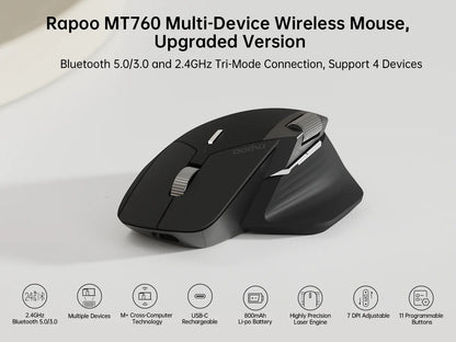 Rapoo MT760L/MT760M vícerežimová dobíjecí bezdrátová myš, ergonomická, 4000 DPI, podpora až 4 zařízení, Bluetooth myš