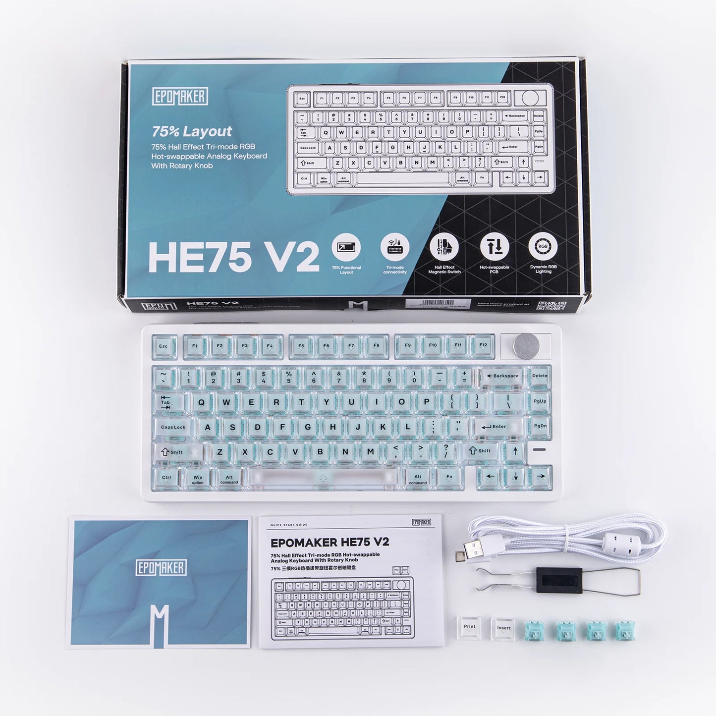 Teclado Gaming Sem Fios Tri-mode Hall Effect EPOMAKER HE75 V2 75% ANSI US Layout com Acionamento Ajustável de 0.005mm/Rapid Triggering