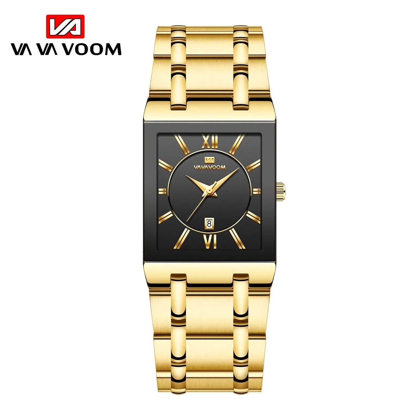 Men Business Watch Simple Design Luxury Fashion Rectangular Black Gold Stainless Steel Calendar Waterproof Quartz Men's Watches