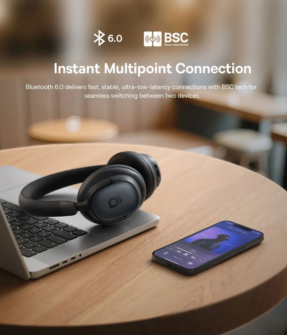 Baseus Bowie MH1 Bluetooth 6.0 Wireless Headphones with 48dB ANC, Hi-Res LDAC Audio, Baseus Bowie MH1 Noise Cancelling Over Ear Headset with 80H Battery