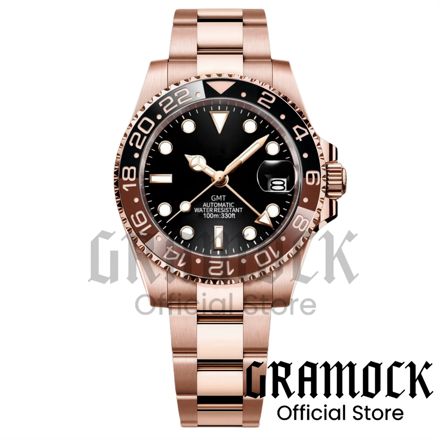 Gramock Rose Gold 40MM GMT NH34A Mechanical Watches Date Sapphire Crystal 100M Diving Rotating Bezel Men's Automatic Wristwatch