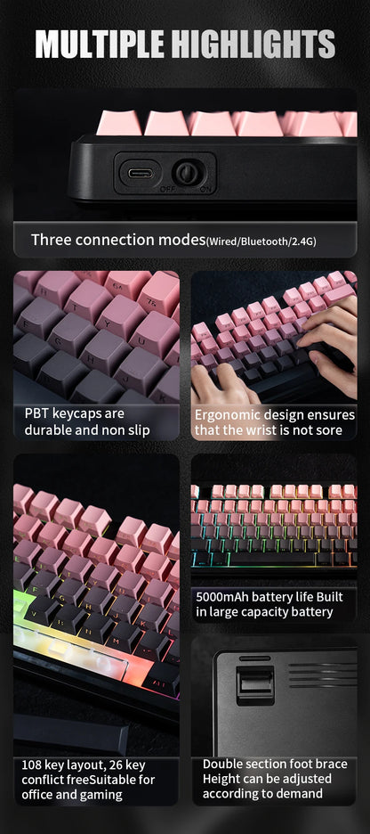 Teclado Bluetooth V108 Pro para escritório, baixo ruído, 2.4G, com e sem fios, layout completo, membrana com retroiluminação RGB