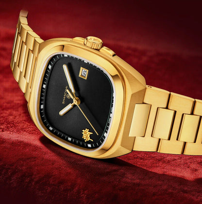 Shanghai Square Vintage Mechanical Watch 24K Gold Automatic Men's Watches 38mm Case 316L Stainless Steel Luxury Wristwatch SH030