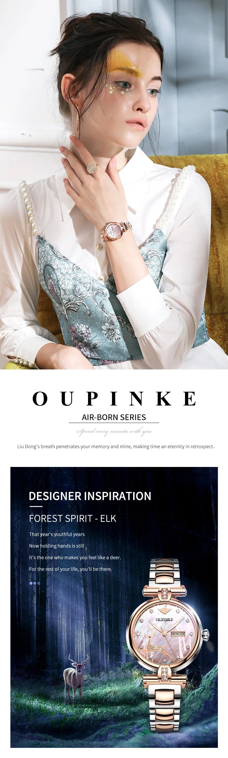 OUPINKE 3180 Watches For Woman Luxury Elegant Automatic Mechanical Watch Deer Dial Stainless Steel Week Date Watch Gift Box