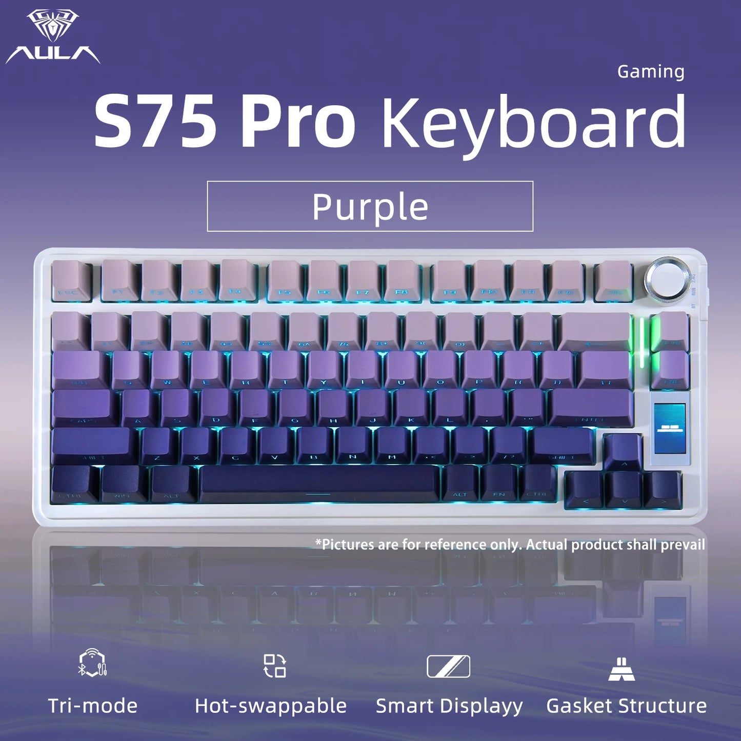 Teclado Mecânico AULA S75 PRO 75% Layout Personalizado Retroiluminação RGB Sem Fios Bluetooth Gaming com Ecrã e Botão Rotativo