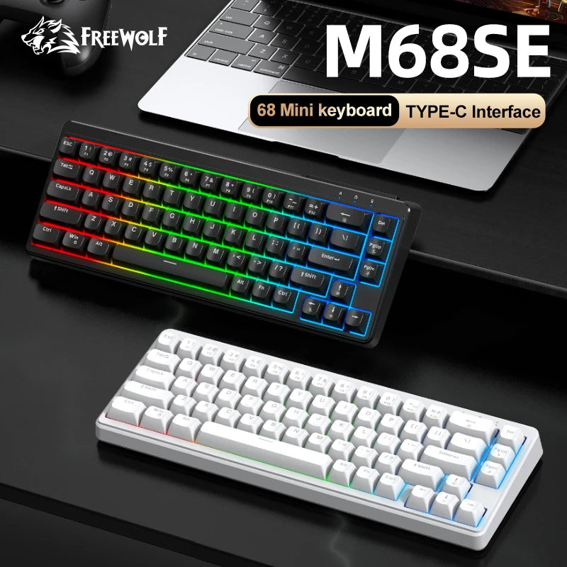 FREEWOLF M68SE Teclado Mini com Fio de 68 Teclas, Retroiluminação RGB, Type-C, Layout 68%, Compacto para Gaming, Escritório, PC e Portátil