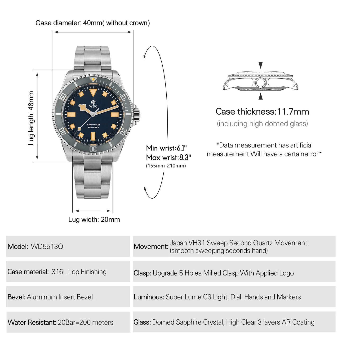 Watchdives WD5513Q 40mm Quartz Diver Watch VH31 Sweep Second Sapphire 200m Waterproof Steel Bracelet BGW9 Lume Mens Watch