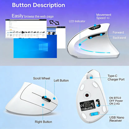 Dual Mode Vertical Mouse Wireless Bluetooth Ergonomic Mouse, Rechargeable Silent 2.4G Gaming Mouse with 2400 DPI for PC & Laptop