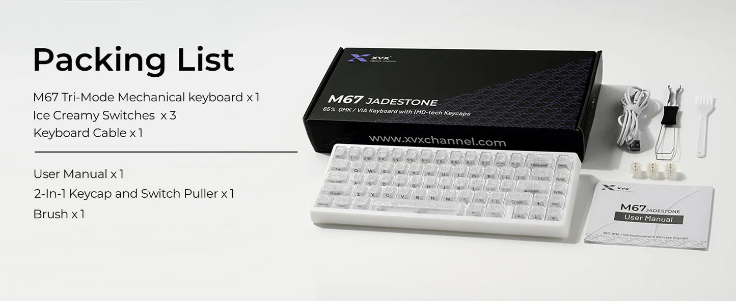 Teclado mecânico XVX M67 JadeStone com teclas IMD-Tech, hot-swappable, gasket, tri-mode, RGB personalizado, sem fios, 65%