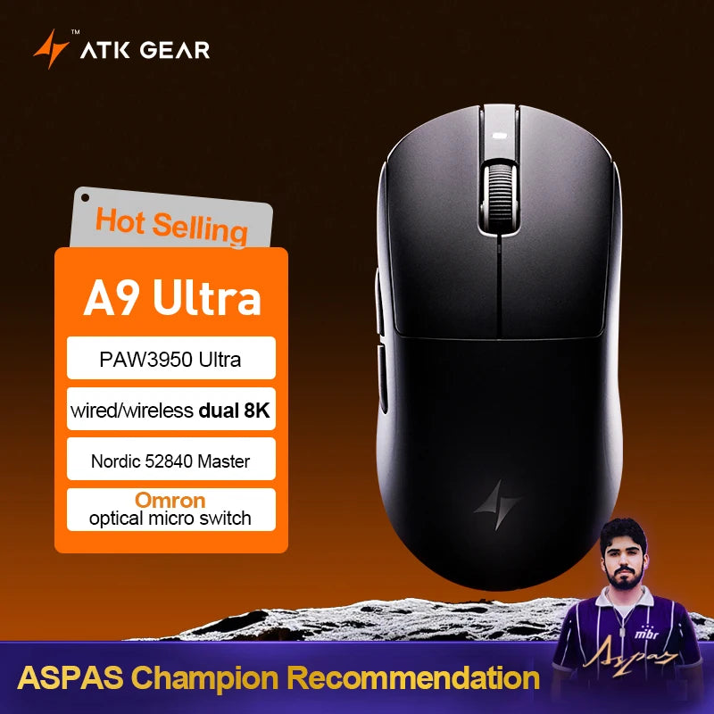 „ATK Dragonfly A9 Ultimate“ belaidė žaidimų pelė, „PAW3950 Ultra 8 kHz“ ergonomiška lengva žaidimų pelė, skirta FPS, e. sportui ir „CSGO“